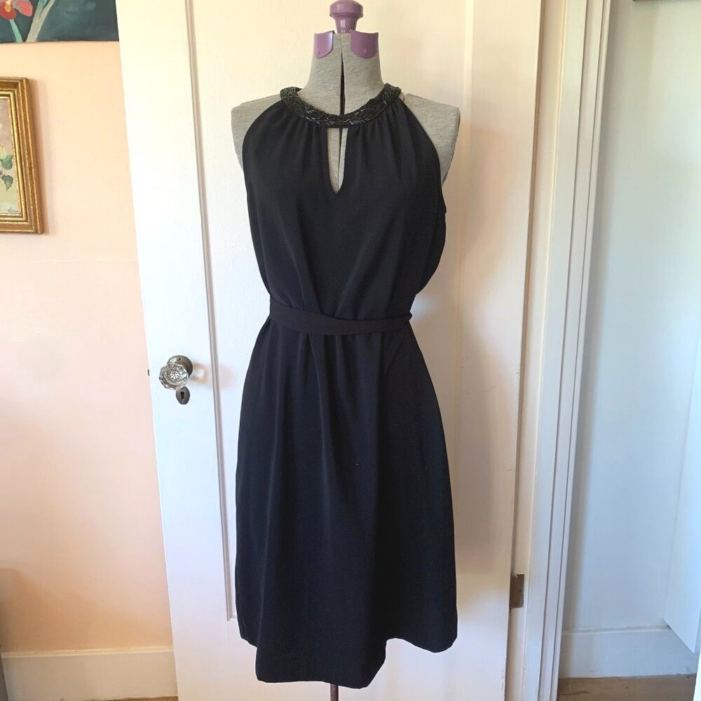 DKNYC Black Beaded Halter Neck Cocktail Dress Belted Medium LBD Evening Party